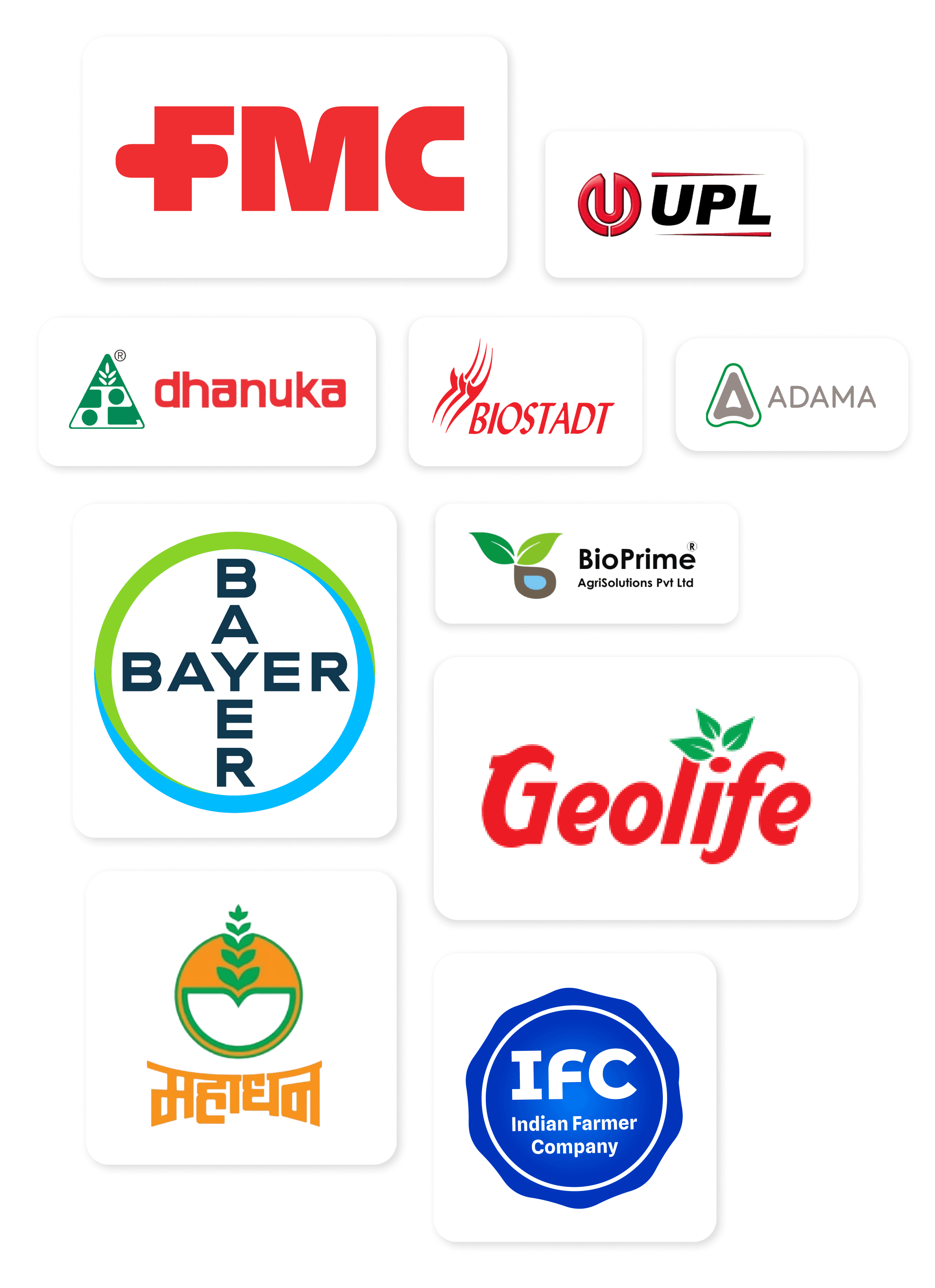Logos of the brands stocked on BharatAgri: FMC, UPL, Dhanuka, Biostadt, Adama, Bayer, BioPrime AgriSolutions, Geolife, Mahadhan and Indian Farmer Company.