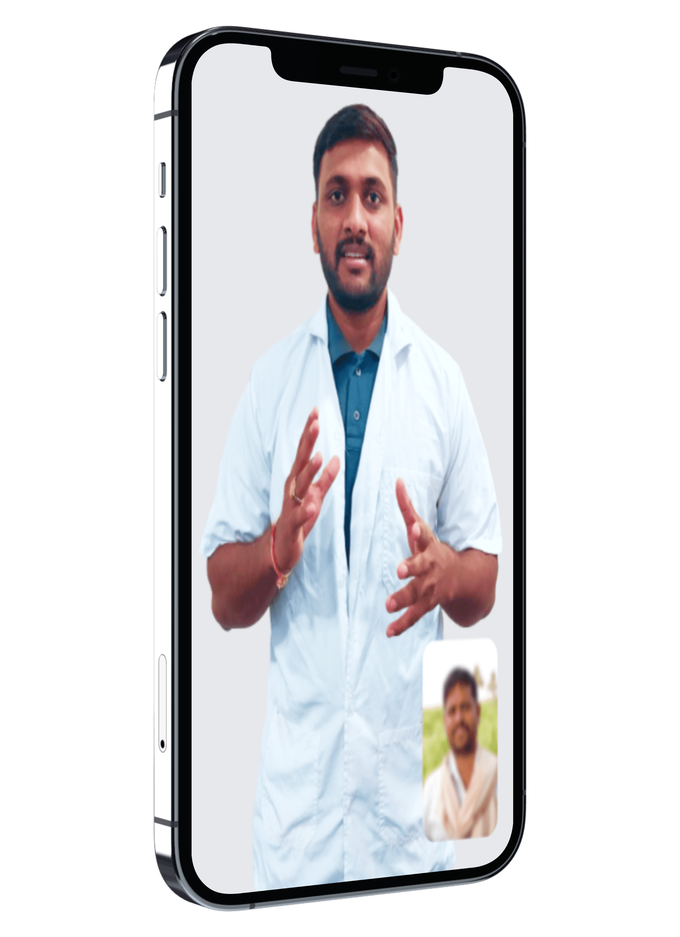 A phone showing a video call in the BharatAgri app: an agri doctor in a white coat explaining a crop problem, with the farmer in a small tile in the corner.